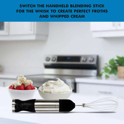 Heavy Duty Hand Blender Set With Variable Speed Twist Dial And Maximum Turbo Boost, Four Sharp Stainless Steel Blades, Food Chopper And Whisk Attachment, Total Kitchen Game Changer on a kitchen counter with whipped cream and strawberries.