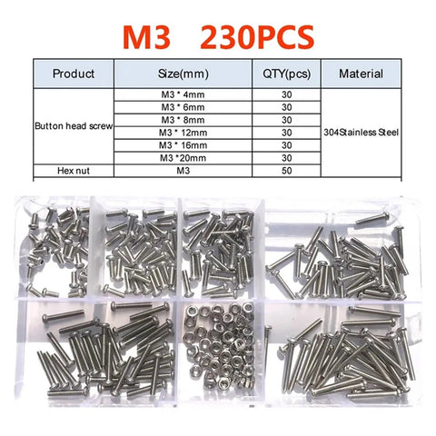 Hex Button Socket Head Screw Nut Kit With M2 M3 M4 M5 M6 Sizes Round Button Head Fasteners Metric Thread Bolts And Nuts Combo Built For DIY Projects And Mechanical Builds Your Go To Gear For Robotics RC And Small Motors. M3 230pcs 304 stainless steel screw and nut kit