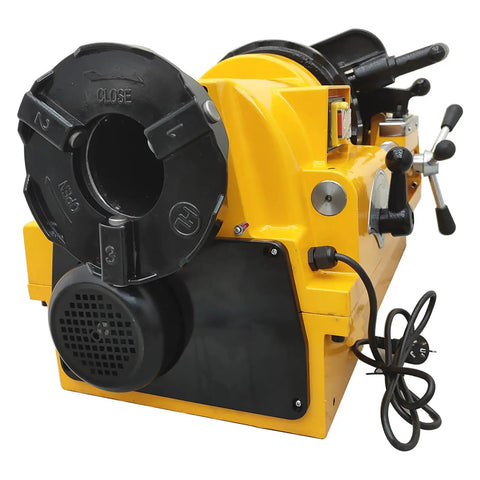 Heavy Duty 220V Electric Pipe Threader And Cutter With Trade Grade NPT BSPT Dies Half To Three Inch Metal Tubing Rock Solid Multifunction Threading Reamer 750W Shop Staple rear view showing motor and cutting mechanism.