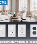 Duplex Outlet Covers Wall Plates 50 Pack 1 Gang White Dual Receptacle Faceplates 2.76 x 4.5 Inches UL Listed Easy Install Contractor Pack With Screws Included shown in modern living room setting.