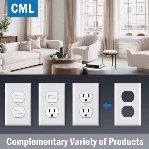 Duplex Outlet Covers Wall Plates 50 Pack 1 Gang White Dual Receptacle Faceplates 2.76 x 4.5 Inches UL Listed Easy Install Contractor Pack With Screws Included shown in modern living room setting.