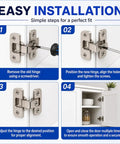 Easy installation guide for Heavy Duty Adjustable Concealed Pie Cut Corner Cabinet Hinge with smooth close and nickel finish.