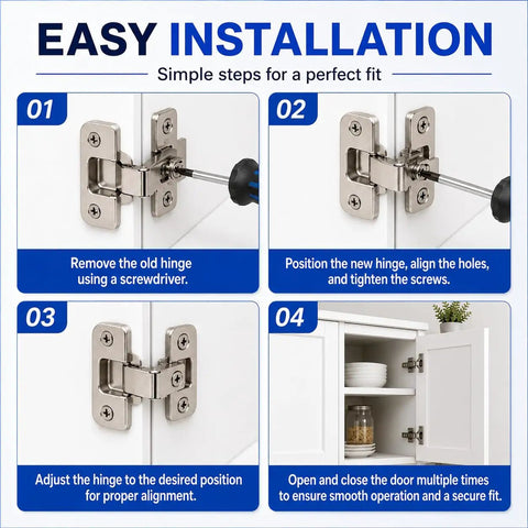 Easy installation guide for Heavy Duty Adjustable Concealed Pie Cut Corner Cabinet Hinge with smooth close and nickel finish.