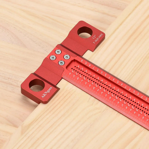 Pro Grade Woodworking Scriber T-Square Ruler 12in with thoughtful support lips on wooden surface
