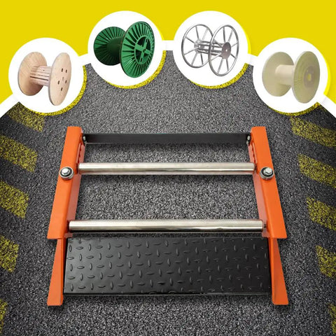Heavy Duty Cable Drum Roller Dispenser Stand Unwinder For Reels Up To 28 Inch Wide with orange steel frame on asphalt
