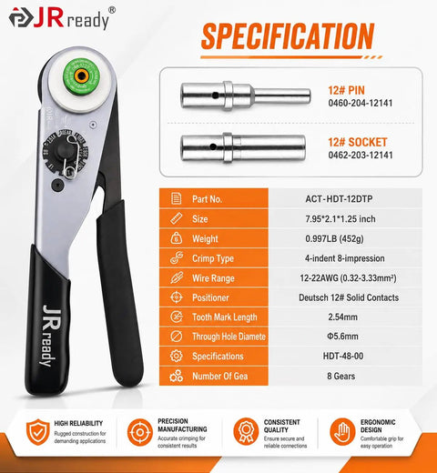 Deutsch Connector Kit With DTP 2 And 4 Pin Waterproof Automotive Plug Set, showing crimp tool specifications for solid contacts