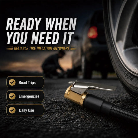 Locking Air Chucks For Tires With Quick Connect And 8mm Clip-On Adapter beside car tire, showing reliable use