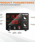 Variable DC Power Supply 0-30V 0-10A, 150W Bench Power Supply with encoder knobs and 3-digit LED display panel visible