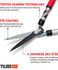 Beast Hedge Shears With Patented Gearing Technology, showing Japanese SK5 steel blades and aluminum handles, 22-inch size