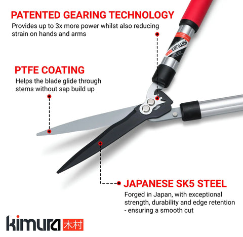 Beast Hedge Shears With Patented Gearing Technology, showing Japanese SK5 steel blades and aluminum handles, 22-inch size