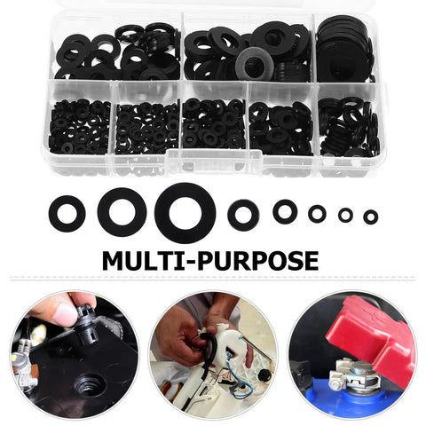 Black Nylon Flat Washers 500 Piece Kit Insulating Mounting Hardware Spacers M2 To M10 For Electrical Outlets And Receptacles Easy DIY Spacing Solution in storage case