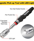 Magnetic Telescoping Pickup Tool With Led Light 8 Lb Lifting Capacity Expandable from 7.7 to 32 Inches. Non-slip handle, LED light.