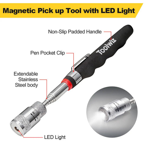 Magnetic Telescoping Pickup Tool With Led Light 8 Lb Lifting Capacity Expandable from 7.7 to 32 Inches. Non-slip handle, LED light.