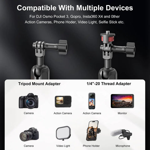 Dope Camera Mount Clamp With Dual Ball Heads compatible with various devices shown, including DSLR, action cameras, and lights.