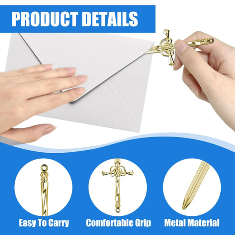Hands using Six Piece Sword Letter Opener Set With Metal Mail Openers And Ergonomic Handles, showing gold opener in action