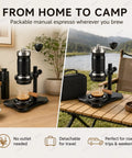 Portable Hand Crank Espresso Maker Kit With Secure Base Stand And Adjusting Pressure Settings Great For Campgrounds Roadtrips Or Garage Sessions Where You Just Want A Solid Cup Of Joe Anytime, shown in a camping setting.