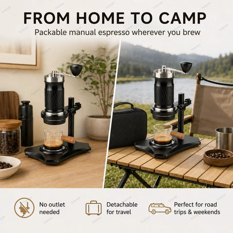 Portable Hand Crank Espresso Maker Kit With Secure Base Stand And Adjusting Pressure Settings Great For Campgrounds Roadtrips Or Garage Sessions Where You Just Want A Solid Cup Of Joe Anytime, shown in a camping setting.