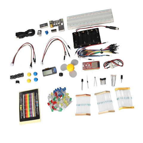 Premium ESP32 Development Board Kit Engineered For Python IoT Programming And No Fuss DIY Projects with various components and tools.