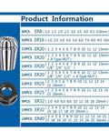 Get A Durable Spring Collet Set With Multiple Sizes Like Er8 And Er11 For Precision Work, showing ER8 and ER20 collets with size specifications.