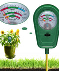 All In One 3 In 1 Soil Test Kit With Moisture Meter And PH Tester For Gardens Lawns And Indoor And Outdoor Plants Pro Grade Fertility Meter Hygrometer No Battery Needed Beginner Friendly Soil Health Tool showing moisture and pH levels with plant background
