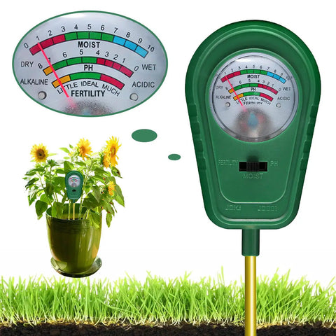 All In One 3 In 1 Soil Test Kit With Moisture Meter And PH Tester For Gardens Lawns And Indoor And Outdoor Plants Pro Grade Fertility Meter Hygrometer No Battery Needed Beginner Friendly Soil Health Tool showing moisture and pH levels with plant background