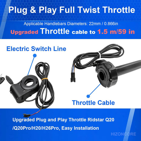 Full Twist Ebike Throttle With Rolling Bearing And 59 Inch Cable, Plug And Play Grip Kit For Electric Dirt Bikes, easy install