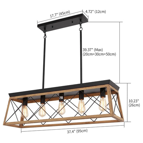 Farmhouse 5 Light Chandelier For Dining Room And Kitchen Island Rustic Pendant Light Fixtures In Matte Black With Wood Finish Industrial Style Ceiling Lighting That Brings Modern Cozy Vibe To Your Home, showing size dimensions