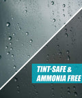 Close-up of glass with water droplets showing tint-safe and ammonia-free benefit of Streak Free Glass Cleaning Wipes Canister For Home And Auto Lint Free Ammonia Free Tint Safe Wipes For Windows Mirrors And Screens Grab And Go 28 Wipes Pack.