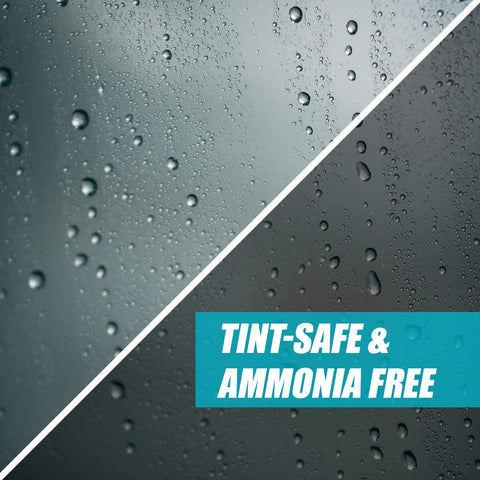 Close-up of glass with water droplets showing tint-safe and ammonia-free benefit of Streak Free Glass Cleaning Wipes Canister For Home And Auto Lint Free Ammonia Free Tint Safe Wipes For Windows Mirrors And Screens Grab And Go 28 Wipes Pack.