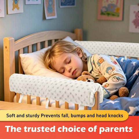 Toddler sleeping safely with Toddler Bed Rail Bumpers Set For Safe Sleep With Soft Kid Safe Padding Guardrail Cushions.