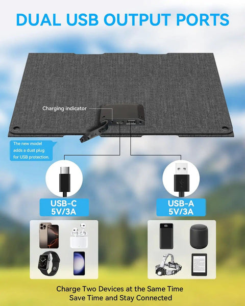 30W Portable Solar Panel Charger With All In One Foldable Tri Fold Design USB C And USB A ETFE IP67 Waterproof with dual ports