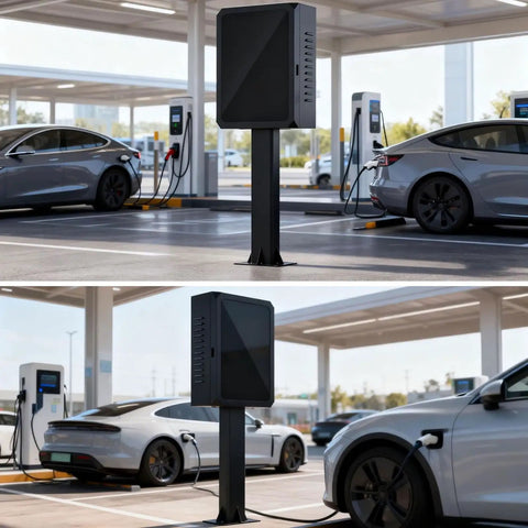 Top Shelf Heavy Duty EV Charger Lock Box Built Tough With Rock Solid Key Code Security And All Weather Resistant Shell mounted in a charging station.