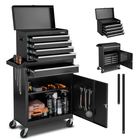 Rolling Tool Chest And Cabinet Set 2 In 1 Design With Five Drawers And Detachable Top Tool Box for Garage Storage.