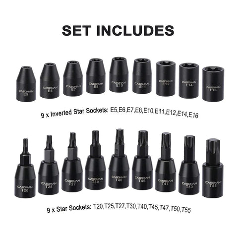 Heavy Duty Three Eighths Inch Drive Impact Socket Set For SAE And Metric, features inverted and star sockets displayed in rows.