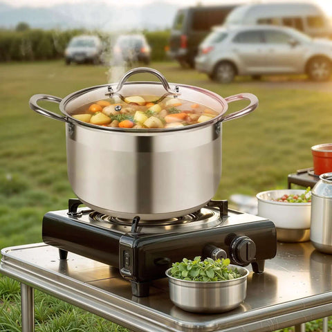 8 Quart Stainless Steel Stock Pot With Heavy Duty 5 Layer Bottom For Induction Cooking, Visible Glass Lid in use