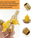 Hardened Brass Three Way Ball Valve With Dual Handles Quick Connect Y Pattern Body For Gas And Pneumatic Systems Built Tough With Rock Solid Seals No Sweat Operation Guaranteed, showing dual yellow handles and threaded ends.
