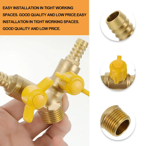 Hardened Brass Three Way Ball Valve With Dual Handles Quick Connect Y Pattern Body For Gas And Pneumatic Systems Built Tough With Rock Solid Seals No Sweat Operation Guaranteed, showing dual yellow handles and threaded ends.