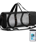 Large Mesh Dive Bag For Scuba Gear And Snorkeling Essentials With Waterproof Phone Pouch, black, adjustable strap, side view.