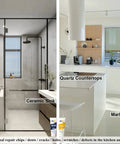 Kitchen and bathroom with various surfaces labeled, including bathtubs, ceramic sink, quartz countertops, and marble floor.