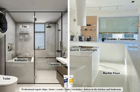 Kitchen and bathroom with various surfaces labeled, including bathtubs, ceramic sink, quartz countertops, and marble floor.