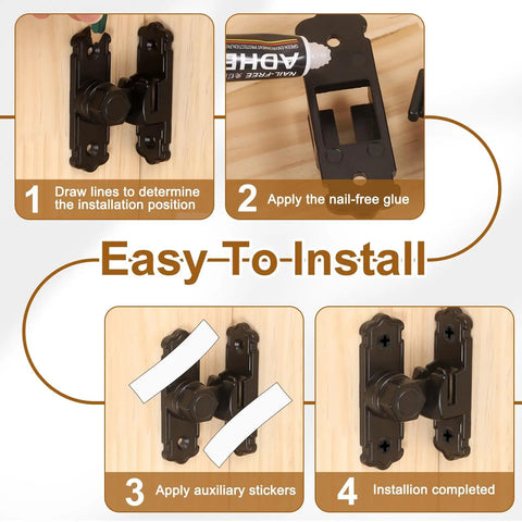 Premium Gold Aluminum Flip Gate Latch Set installation steps on wood, showing glue application and setup.