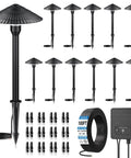 All In One Low Voltage Landscape Lighting Kit With Twelve 5W Pathway Lights And A 96W Transformer For Outdoor Yards Patios And Walkways 2700K Warm White IP66 Waterproof 12 To 24 Volt System showing pathway lights, wire, connectors, and transformer.