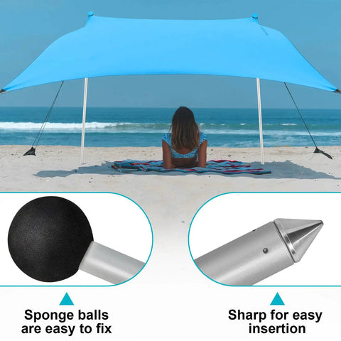6.56ft Foldable Beach Tent Poles Replacement For Grande Canopy with sand anchor, supporting a blue canopy at the beach.