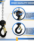 Close-up of rotating heavy-duty hook on Mini Chain Hoist 1100 Lbs Capacity, 20 Ft Lift, manual lever hoist with alloy steel G80 chain.