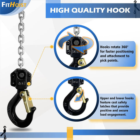 Close-up of rotating heavy-duty hook on Mini Chain Hoist 1100 Lbs Capacity, 20 Ft Lift, manual lever hoist with alloy steel G80 chain.