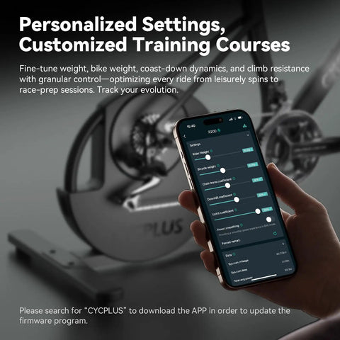 Smart Indoor Bike Trainer With 2200W Brushless Motor 19 Percent Gradient Simulator Virtual Shifting And Uphill Downhill Simulation Ultra Quiet Ride Zwift And MyWhoosh Compatible BLE And ANT Plus Ready Cassette Not Included showing app customization on smartphone