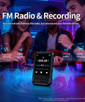 Bluetooth 5.4 Portable Mini Music Player with built-in speaker, micro SD slot, FM radio, and recorder, displayed with friends.