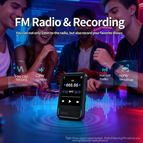 Bluetooth 5.4 Portable Mini Music Player with built-in speaker, micro SD slot, FM radio, and recorder, displayed with friends.