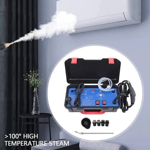 Powerful 3000W High Temperature Steam Cleaner For Home And Auto Use shown with accessories and air conditioning demonstration