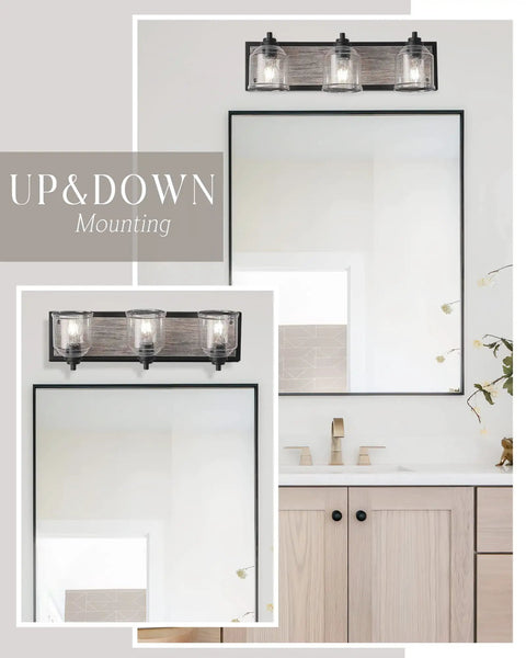 Three-Light Bathroom Vanity Light 23 Inch Large Fixture With Bubble Glass Shades over mirror and sink, farmhouse rustic gray "Up & Down" mounting.